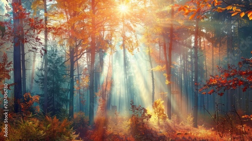 Beautiful autumn forest with sun rays of nature scenery. AI generated