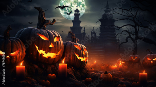 Halloween scene with a large moon in the background and a castle in the distance. There are many pumpkins with their faces lit up  and some candles are also lit. Scene is spooky and festive