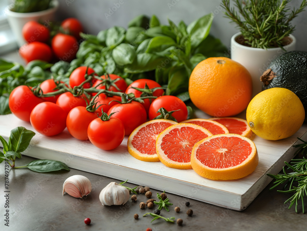 Top view of fruits and vegetables arranged neatly on a table Top view of fruits and vegetables arranged neatly on a table