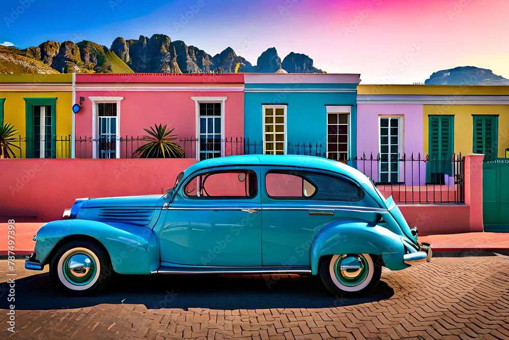 Fototapeta premium Famous bright color retro car parked by colorful houses in Bo Kaap district in Cape Town.