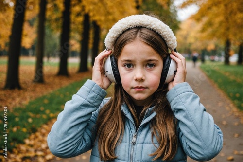 Girl putting on earmuffs outside photo