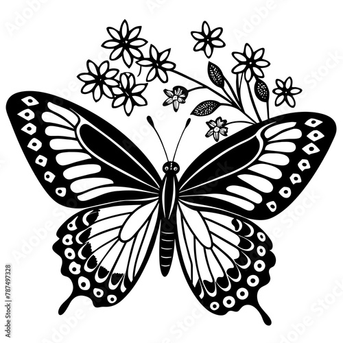 Butterfly and little flowers vector silhouette 