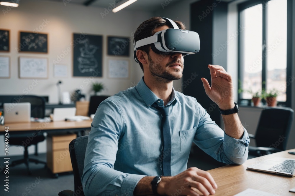 Male entrepreneur wearing Virtual reality headset in office Male entrepreneur wearing Virtual reality headset in office