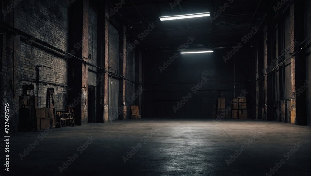 Empty warehouse room. Dark background. Abstract dark empty warehouse room texture. Product showcase spotlight background.