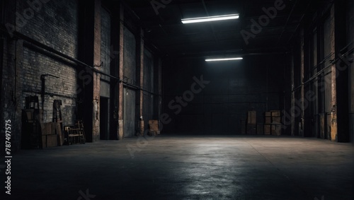 Empty warehouse room. Dark background. Abstract dark empty warehouse room texture. Product showcase spotlight background.