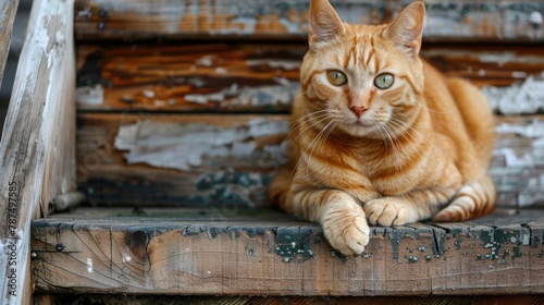 Portrait a tabby ginger cat pet animal sitting on wooden steps in home outdoor. AI generated image © MUCHIB