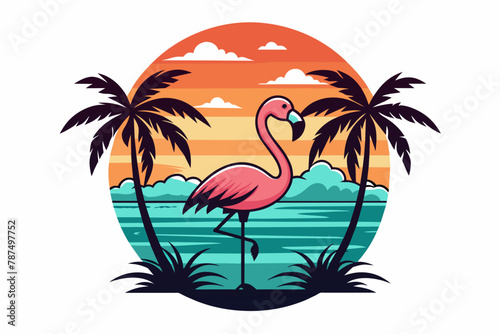 Vector t-shirt design  vector art with black outlines  a cute pink flamingo with palm trees and a sunset  with a small beach in reflection illustration  white background