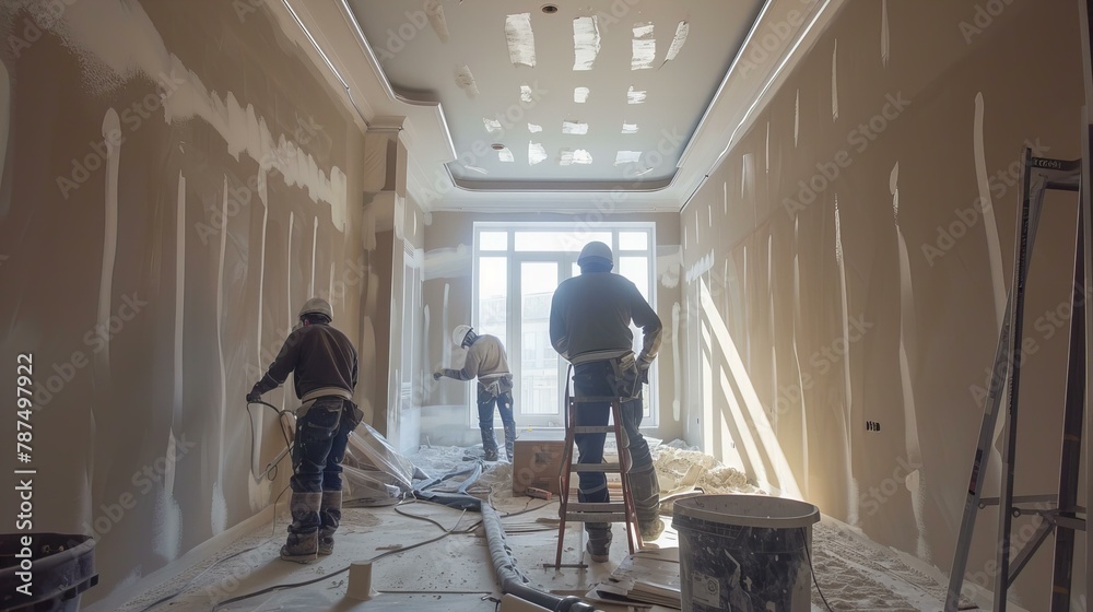 Construction Workers Finishing Drywall in a New Home Hallway Construction Workers Finishing Drywall in a New Home Hallway