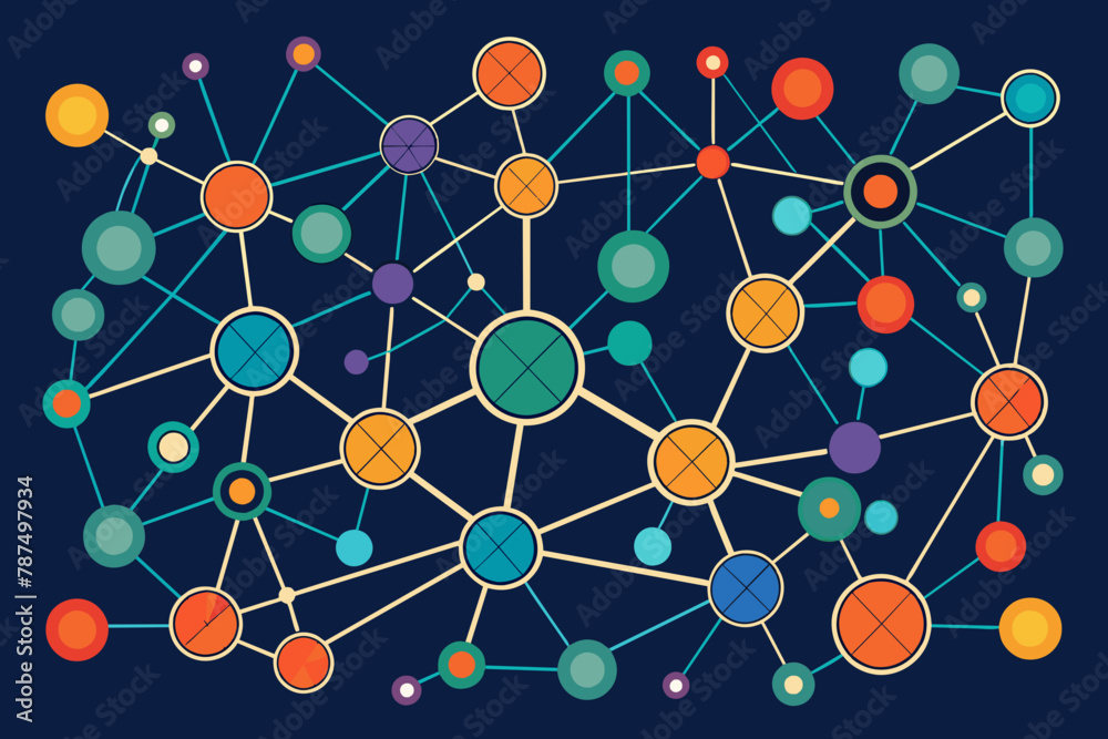 A neural network diagram with interconnected nodes and pathways A neural network diagram with interconnected nodes and pathways