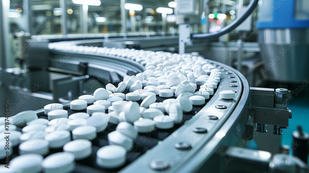 Conveyor belt with white tablets in factory conditions Conveyor belt with white tablets in factory conditions