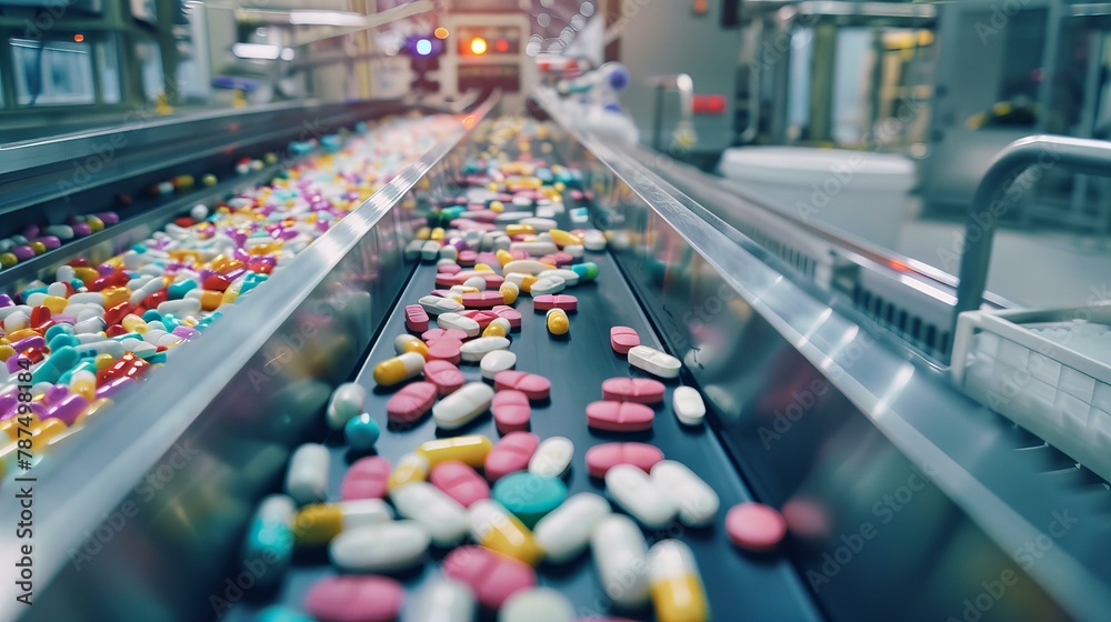 Conveyor belt with multicolored tablets in factory conditions