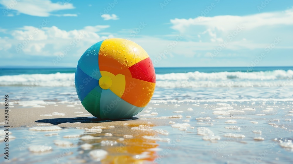 colorful beautiful beach ball close up lying on the clean beach sand on the sea shore
