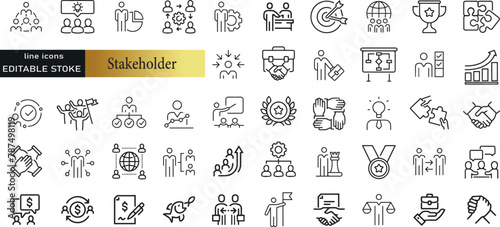 Stakeholder line icons set. Stakeholder outline icons with editable stroke collection. Includes Project, Growth, Investor, Report, Presentation