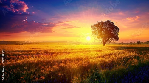 Beautiful spring field view at sunset scene view background. AI generated image