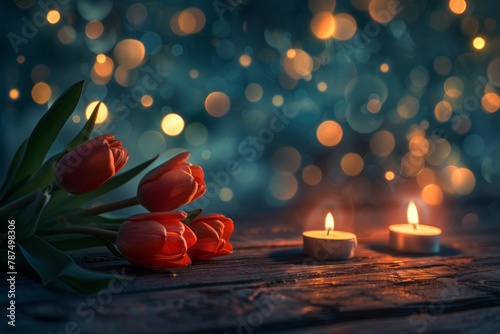 A wooden table with tulips and candles on it, a dark background with lights in the style of romantic illustrations, rusticcore, cottagepunk, colorful still life paintings, soft edges and atmospheric e #787498306