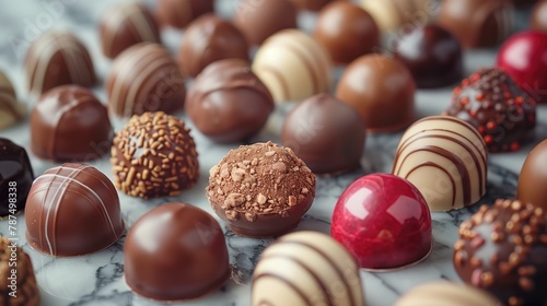 Delicious truffle or praline chocolate assortment. Gourmet specialty chocolate bonbons or pralines. close up