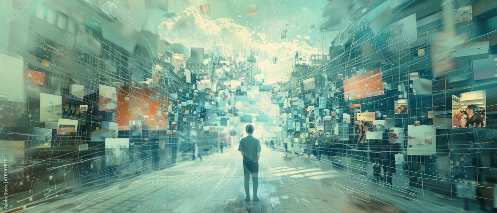 Φωτογραφία Person walks in world of social media, view of young man and data information, abstract news background
