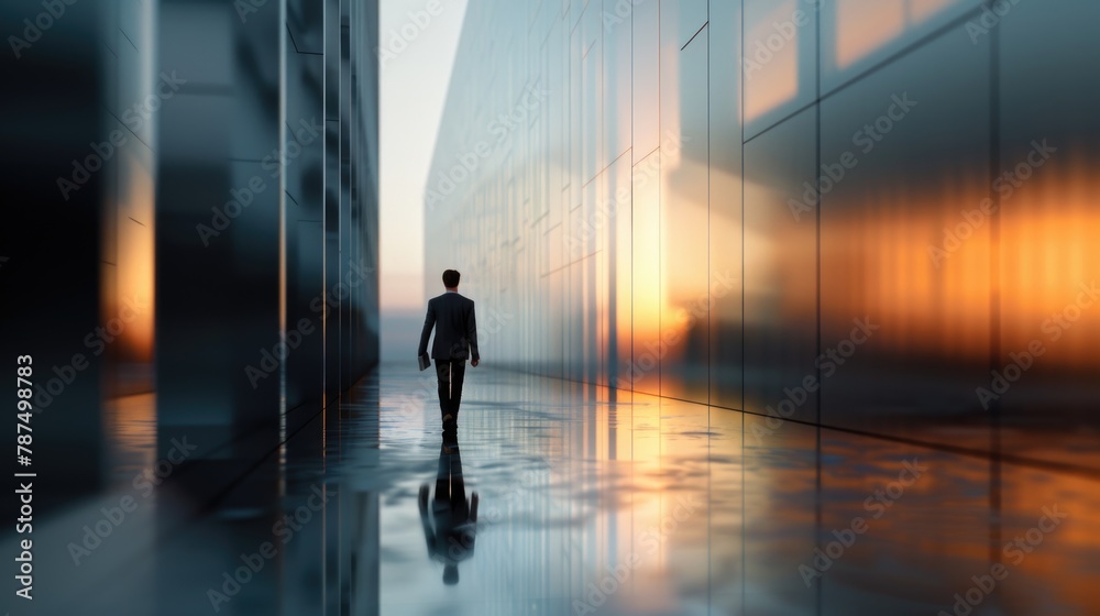 Solitary Businessman Walking in Modern Urban Setting at Sunset Solitary Businessman Walking in Modern Urban Setting at Sunset