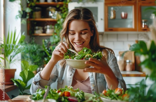 Woman Eating Salad at Table