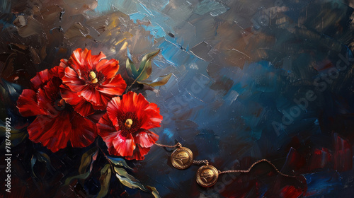 Patriotic war medal and two red flowers. A painting to remember Victory Day on May 9th. photo