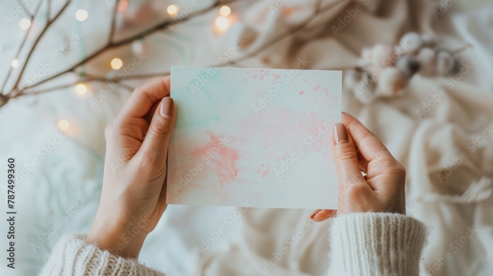 Close-up of hands holding a greeting card, showcasing separate, defined brushstrokes in pastel pink, baby blue, and mint green, Close-up of hands holding a greeting card, showcasing separate, defined brushstrokes in pastel pink, baby blue, and mint green,