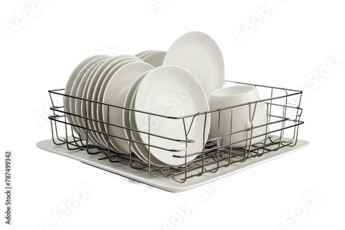 Elegant White Symphony: A Rack Full of Gleaming Dishes. On Transparent Background.