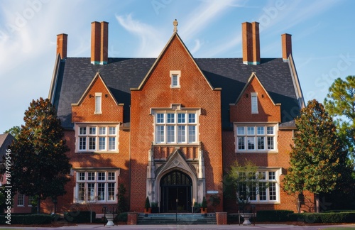 Large Red Brick House With Black Roof