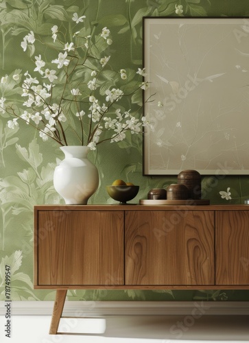 Vase With Flowers on Wooden Cabinet
