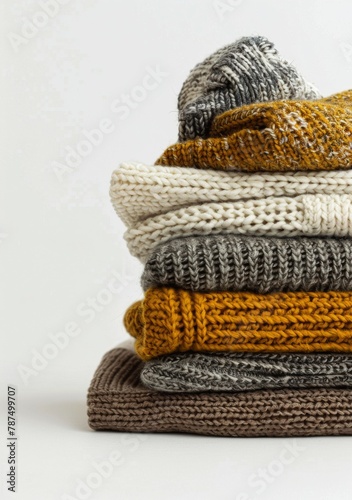 Stack of Knitted Sweaters and Hats