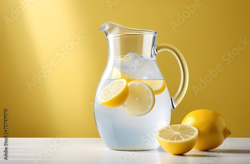 Water with lemon in a transparent pitcher on an isolated background 