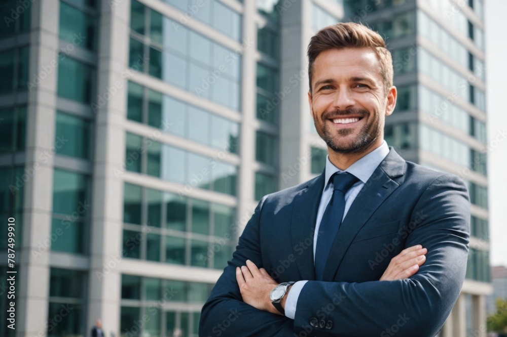 Smiling businessman with arms crossed in front of office building Smiling businessman with arms crossed in front of office building