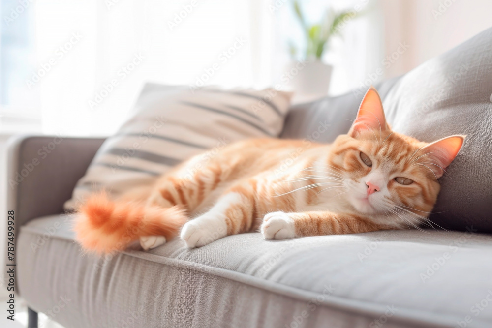 Photo of a cute fluffy ginger cat lying and dozing on the sofa. AI generated.