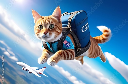 A funny cat in a blue jumpsuit is skydiving. Funny picture for postcards and presentations