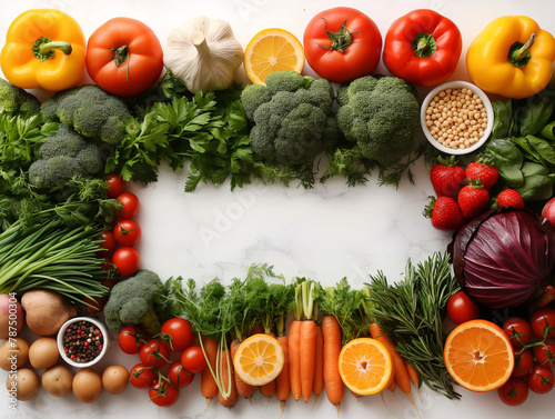 Top view of fruits and vegetables arranged neatly on a table