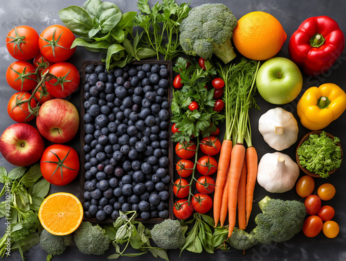 Top view of fruits and vegetables arranged neatly on a table