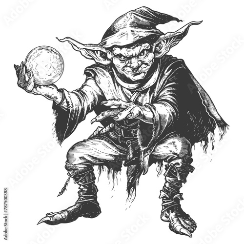 goblin mage or necromancer with magical orb images using Old engraving style
