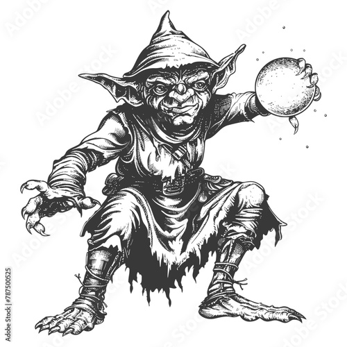goblin mage or necromancer with magical orb images using Old engraving style