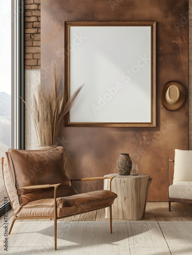 A mockup of a blank square photo frame hanging in the middle of wall with Western, cowboy, rustic decoration