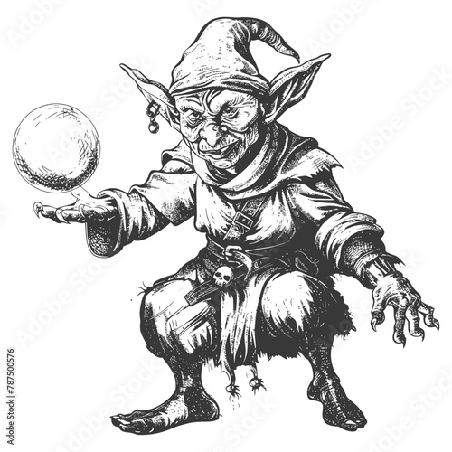 goblin mage or necromancer with magical orb images using Old engraving style