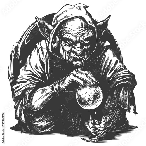 goblin mage or necromancer with magical orb images using Old engraving style