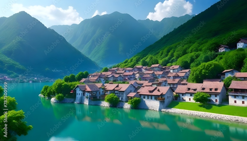  image of serene village nestled between calm lake and lush green mountains. The village of several buildings indicating they are made of stone or plaster