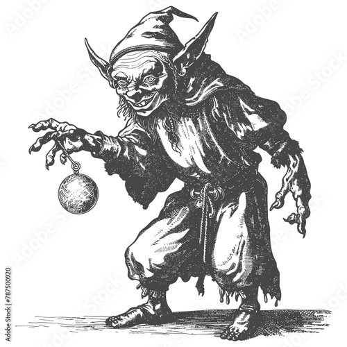 goblin mage or necromancer with magical orb images using Old engraving style