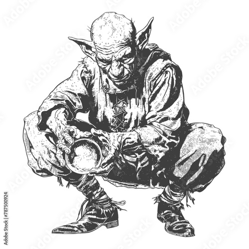 goblin mage or necromancer with magical orb images using Old engraving style