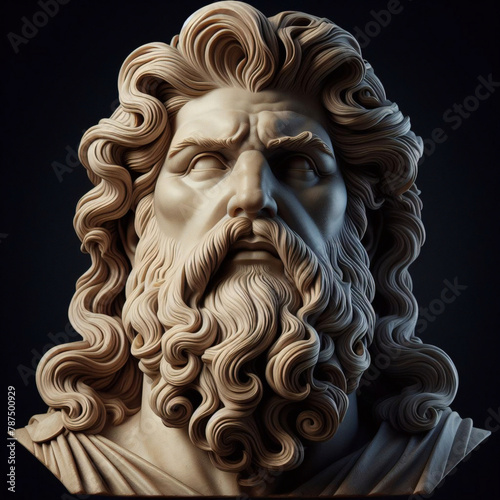 Handsome marble statue of powerful greek god Zeus over dark background, The powerful king of the gods in ancient Greek religion.  © Fabian