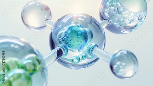 Scientific illustration of glass pipettes and floating orbs with substances. © connel_design