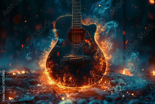 Guitar on fire on dark background