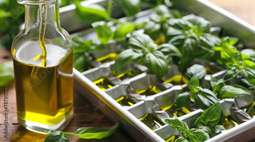 preserving fresh herbs like basil rosemary saga in olive oil and icecube tray with freezing