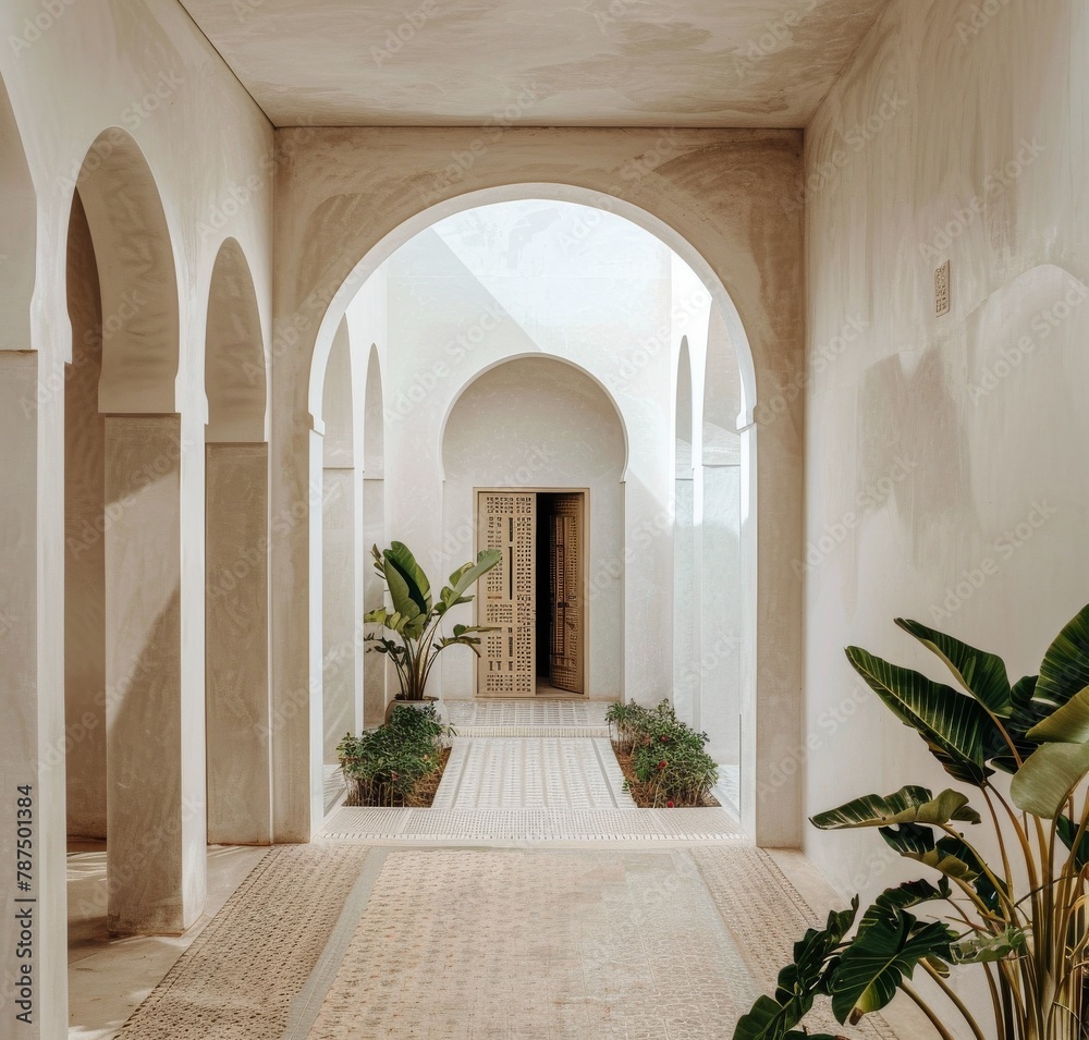 Courtyard With Potted Plants and Arched Doorways