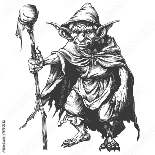 goblin mage or necromancer with magical staff images using Old engraving style