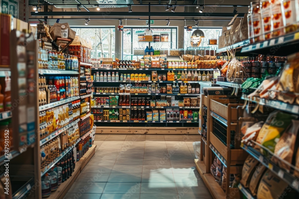 Spacious Supermarket Interior with Organized Food Sections